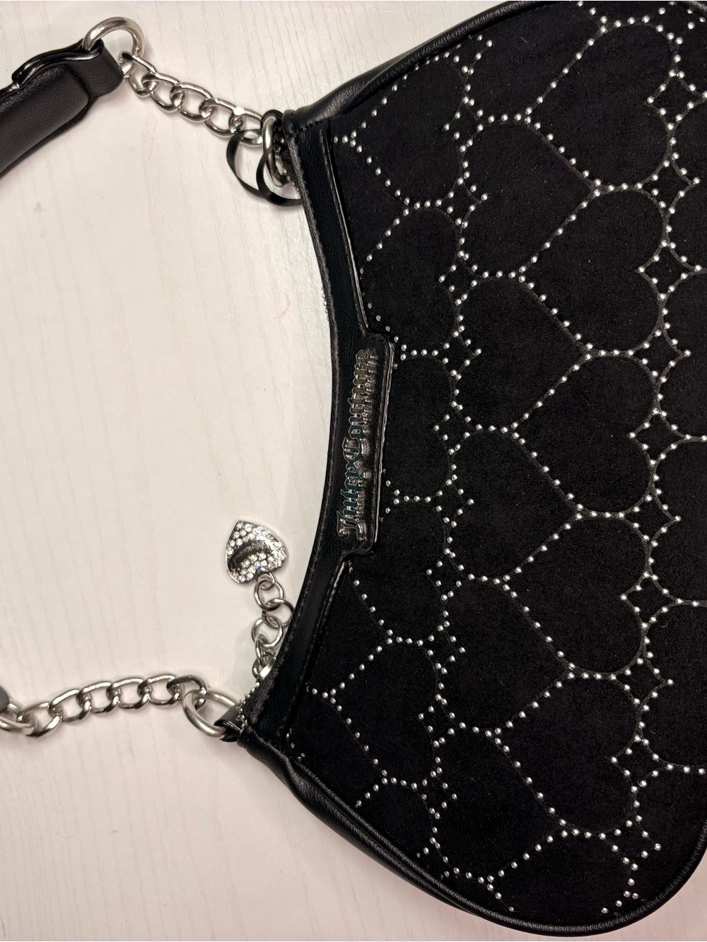 Juicy Couture Black Heart-Stud Shoulder Bag with Silver Chain